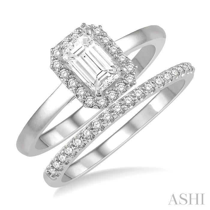 3/4 Ctw Round Cut Diamond Wedding Set With 5/8 Ct Emerald Mount Emerald Cut Engagement Ring and 1/6 Ct Wedding Band in 14K White Gold