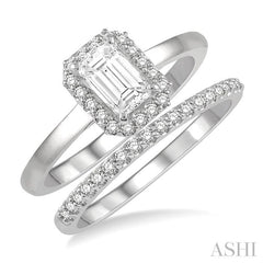 3/4 Ctw Round Cut Diamond Wedding Set With 5/8 Ct Emerald Mount Emerald Cut Engagement Ring and 1/6 Ct Wedding Band in 14K White Gold