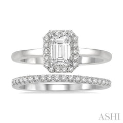 3/4 Ctw Round Cut Diamond Wedding Set With 5/8 Ct Emerald Mount Emerald Cut Engagement Ring and 1/6 Ct Wedding Band in 14K White Gold