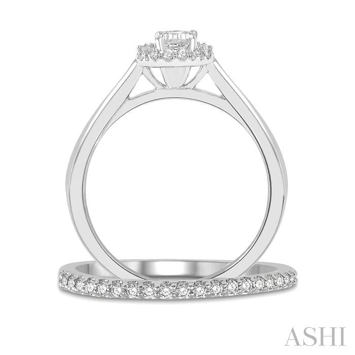 3/4 Ctw Round Cut Diamond Wedding Set With 5/8 Ct Emerald Mount Emerald Cut Engagement Ring and 1/6 Ct Wedding Band in 14K White Gold