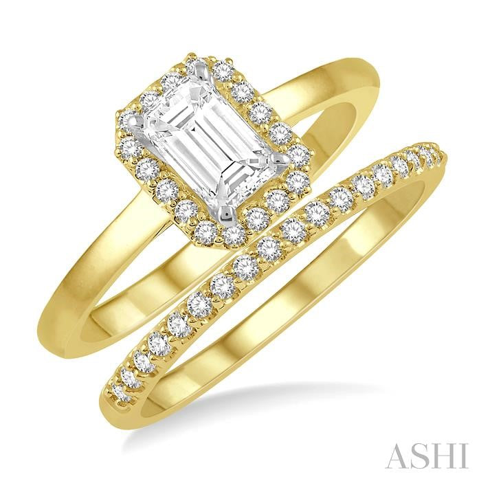 3/4 Ctw Round Cut Diamond Wedding Set With 5/8 Ct Emerald Mount Emerald Cut Engagement Ring and 1/6 Ct Wedding Band in 14K Yellow and White Gold