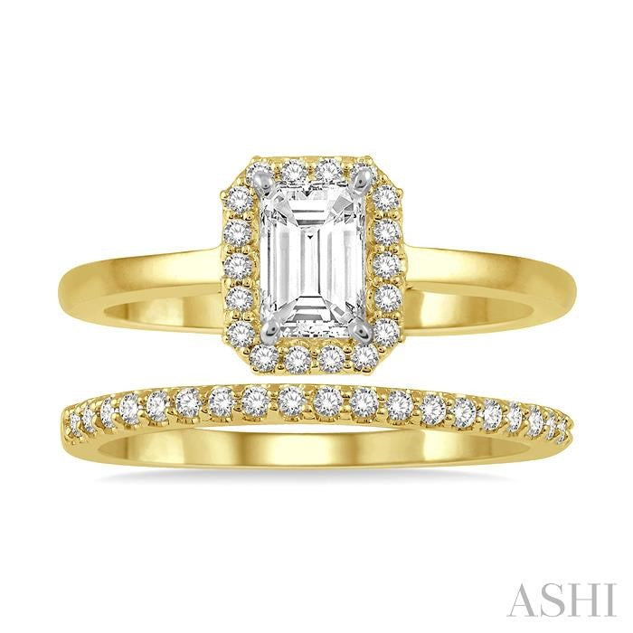 3/4 Ctw Round Cut Diamond Wedding Set With 5/8 Ct Emerald Mount Emerald Cut Engagement Ring and 1/6 Ct Wedding Band in 14K Yellow and White Gold