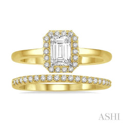3/4 Ctw Round Cut Diamond Wedding Set With 5/8 Ct Emerald Mount Emerald Cut Engagement Ring and 1/6 Ct Wedding Band in 14K Yellow and White Gold