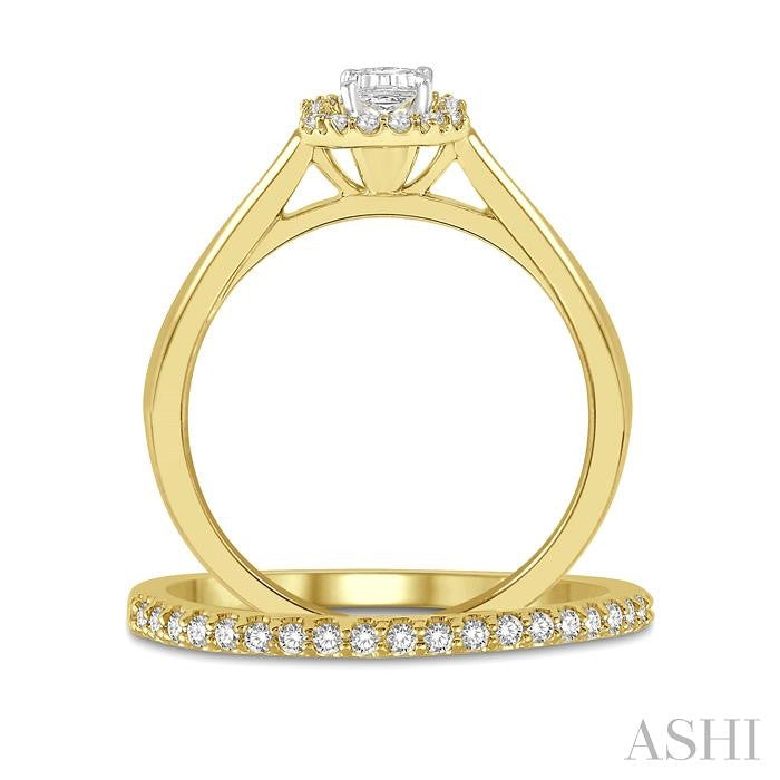 3/4 Ctw Round Cut Diamond Wedding Set With 5/8 Ct Emerald Mount Emerald Cut Engagement Ring and 1/6 Ct Wedding Band in 14K Yellow and White Gold