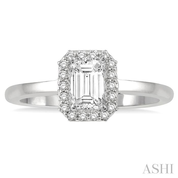 5/8 Ctw Emerald Mount Emerald and Round Cut Diamond Ladies Engagement Ring with 1/2 Ct Emerald Cut Center Stone in 14K White Gold