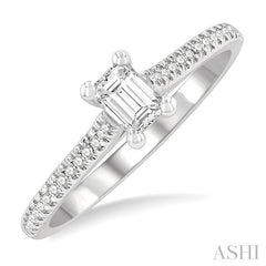 1/2 Ctw Round & Emerald Cut Diamond Engagement Ring With 1/3 Ctw Emerald Cut Center Stone in 14K White Gold