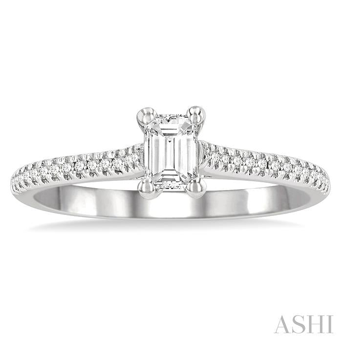 1/2 Ctw Round & Emerald Cut Diamond Engagement Ring With 1/3 Ctw Emerald Cut Center Stone in 14K White Gold