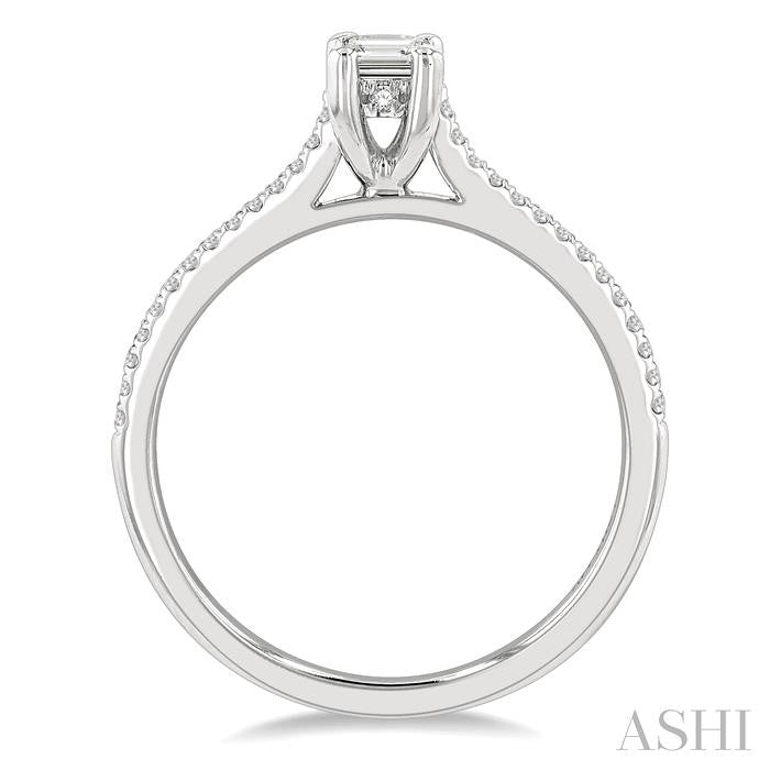 1/2 Ctw Round & Emerald Cut Diamond Engagement Ring With 1/3 Ctw Emerald Cut Center Stone in 14K White Gold
