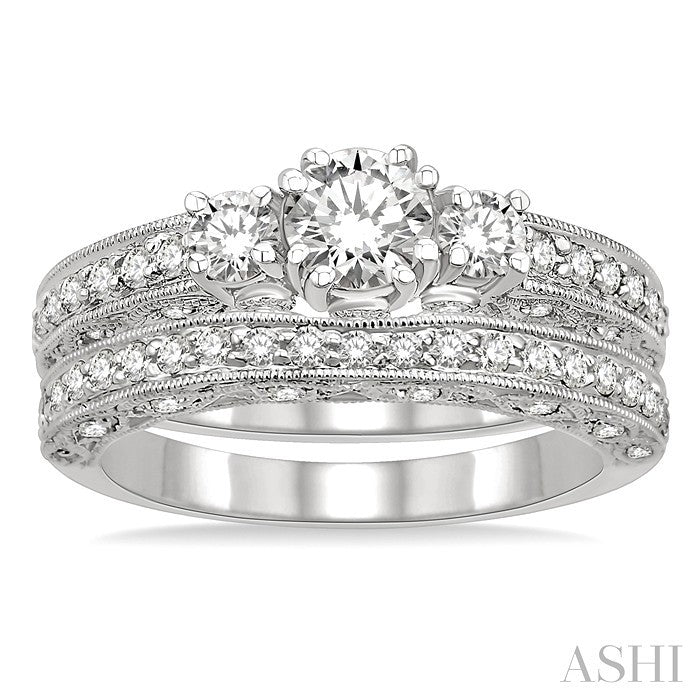 1 1/4 Ctw Diamond Wedding Set with 7/8 Ctw Round Cut Engagement Ring and 3/8 Ctw Wedding Band in 14K White Gold