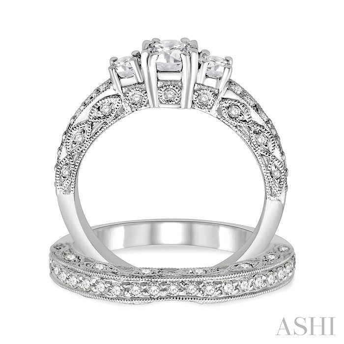 1 1/4 Ctw Diamond Wedding Set with 7/8 Ctw Round Cut Engagement Ring and 3/8 Ctw Wedding Band in 14K White Gold