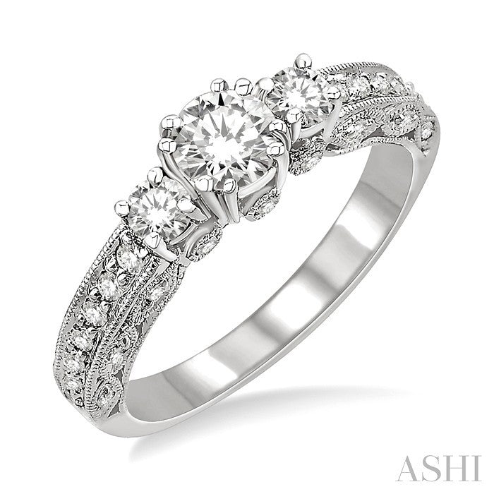 7/8 Ctw Diamond Engagement Ring with 1/3 Ct Round Cut Center Stone in 14K White Gold