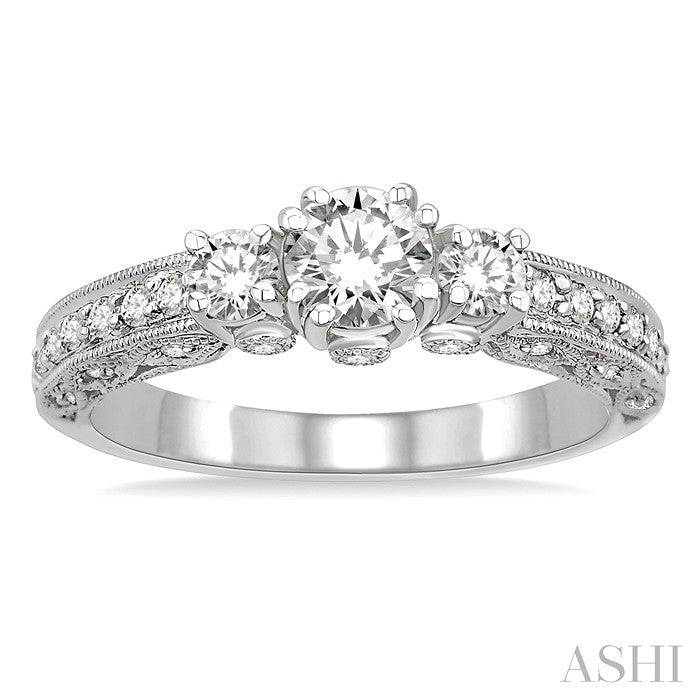 7/8 Ctw Diamond Engagement Ring with 1/3 Ct Round Cut Center Stone in 14K White Gold