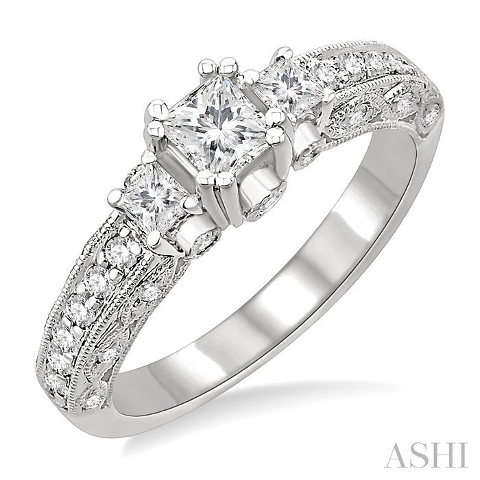 7/8 Ctw Diamond Engagement Ring with 1/3 Ct Princess Cut Center Stone in 14K White Gold