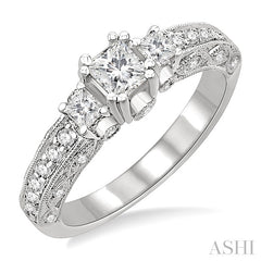 7/8 Ctw Diamond Engagement Ring with 1/3 Ct Princess Cut Center Stone in 14K White Gold