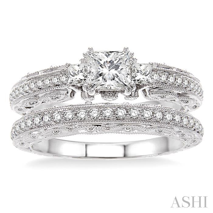 3/4 Ctw Diamond Wedding Set with 1/2 Ctw Princess Cut Engagement Ring and 1/5 Ctw Wedding Band in 14K White Gold