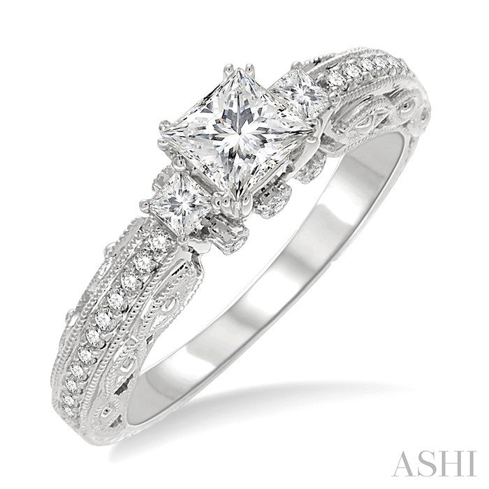 1/2 Ctw Diamond Engagement Ring with 1/3 Ct Princess Cut Center Stone in 14K White Gold