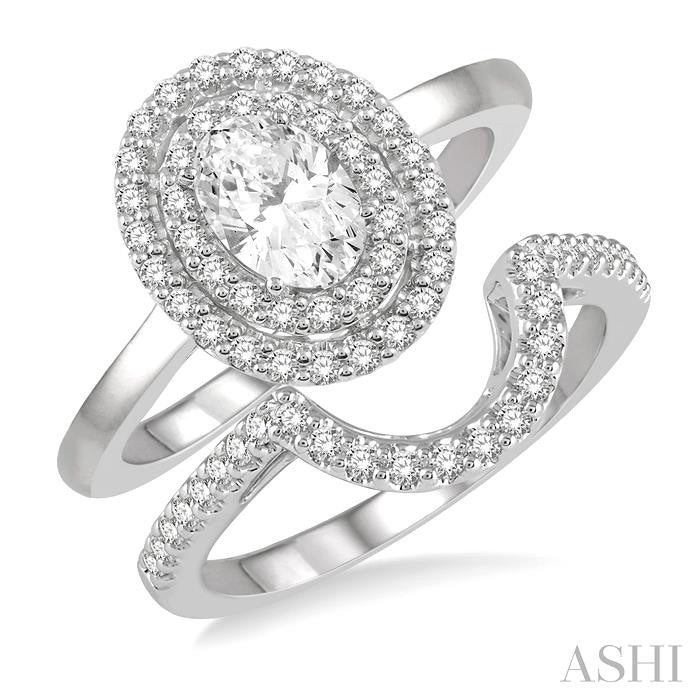 1 Ctw Round Cut Diamond Wedding Set With 3/4 Ct Oval Cut Engagement Ring and 1/5 Ct Curved Wedding Band in 14K White Gold