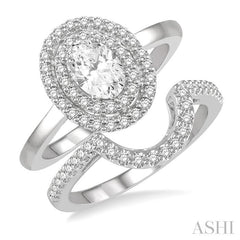 1 Ctw Round Cut Diamond Wedding Set With 3/4 Ct Oval Cut Engagement Ring and 1/5 Ct Curved Wedding Band in 14K White Gold