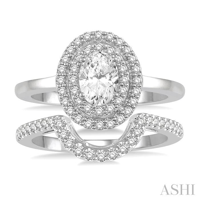 1 Ctw Round Cut Diamond Wedding Set With 3/4 Ct Oval Cut Engagement Ring and 1/5 Ct Curved Wedding Band in 14K White Gold