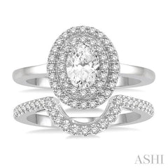1 Ctw Round Cut Diamond Wedding Set With 3/4 Ct Oval Cut Engagement Ring and 1/5 Ct Curved Wedding Band in 14K White Gold