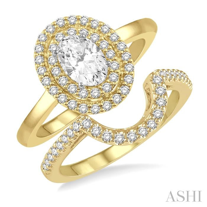 1 Ctw Round Cut Diamond Wedding Set With 3/4 Ct Oval Cut Engagement Ring and 1/5 Ct Curved Wedding Band in 14K Yellow and White Gold
