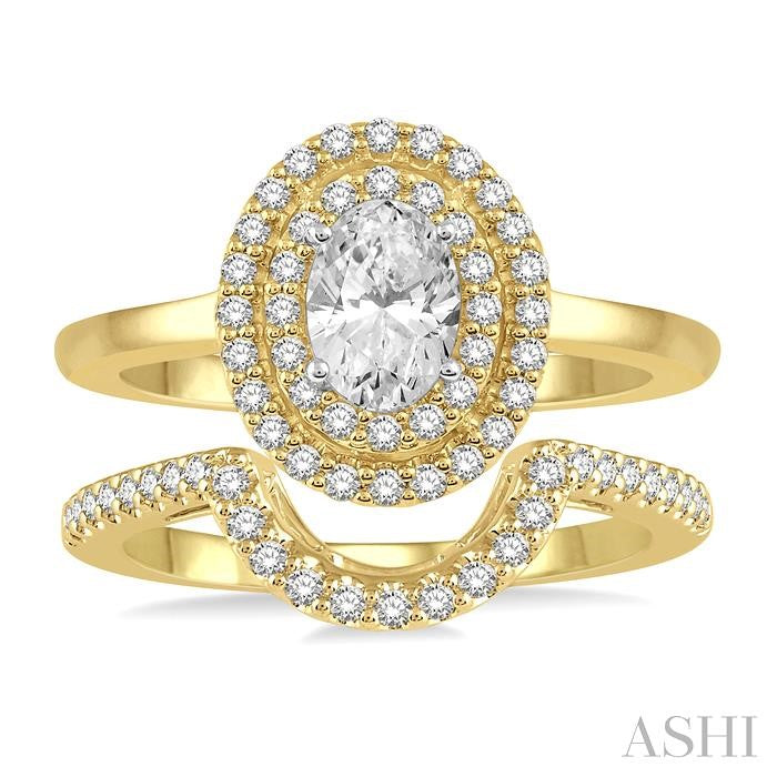 1 Ctw Round Cut Diamond Wedding Set With 3/4 Ct Oval Cut Engagement Ring and 1/5 Ct Curved Wedding Band in 14K Yellow and White Gold