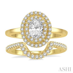 1 Ctw Round Cut Diamond Wedding Set With 3/4 Ct Oval Cut Engagement Ring and 1/5 Ct Curved Wedding Band in 14K Yellow and White Gold