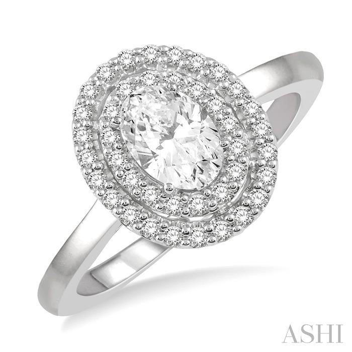 3/4 Ctw Round & Oval Cut Diamond Ladies Engagement Ring with 1/2 Ctw Oval Cut Center Stone in 14K White Gold