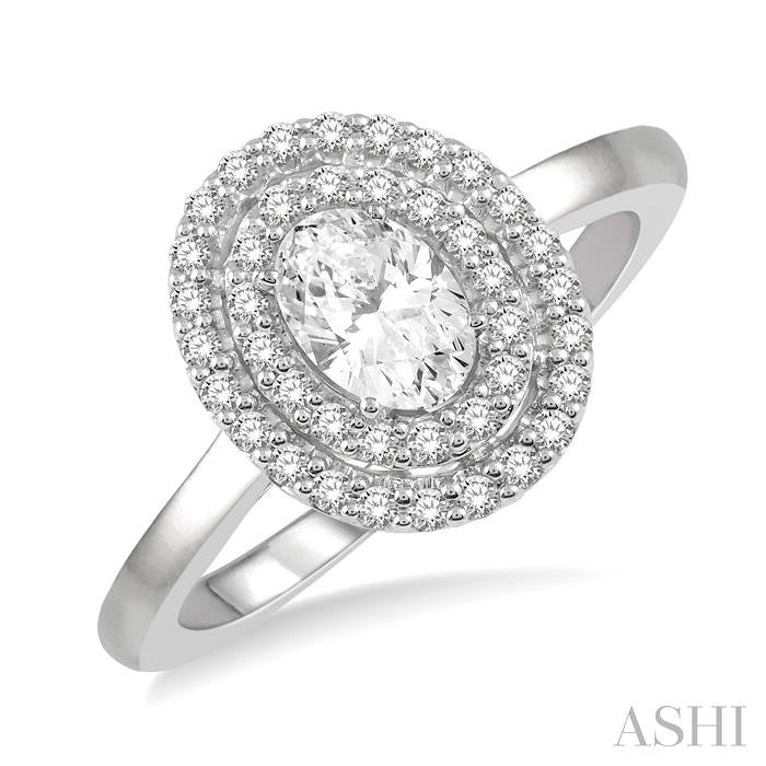 1/2 Ctw Twin Halo Round Cut Diamond Engagement Ring With 1/4 Ct Oval Cut Center Stone in 14K White Gold