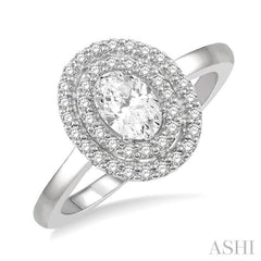 1/2 Ctw Twin Halo Round Cut Diamond Engagement Ring With 1/4 Ct Oval Cut Center Stone in 14K White Gold