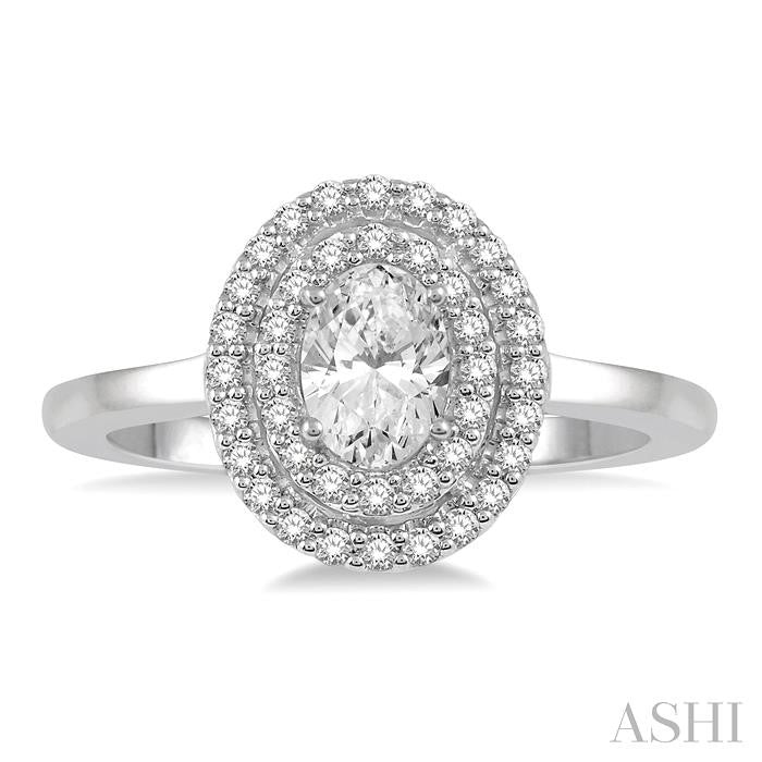 1/2 Ctw Twin Halo Round Cut Diamond Engagement Ring With 1/4 Ct Oval Cut Center Stone in 14K White Gold