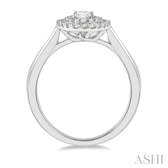 1/2 Ctw Twin Halo Round Cut Diamond Engagement Ring With 1/4 Ct Oval Cut Center Stone in 14K White Gold