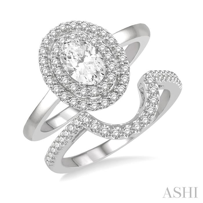5/8 Ctw Round Cut Diamond Wedding Set With 1/2 Ct Twin Halo 1/4 Ct Oval Cut Engagement Ring & 1/10 Ct Wedding Band in 14K White Gold