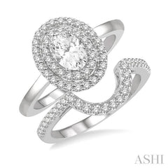 5/8 Ctw Round Cut Diamond Wedding Set With 1/2 Ct Twin Halo 1/4 Ct Oval Cut Engagement Ring & 1/10 Ct Wedding Band in 14K White Gold
