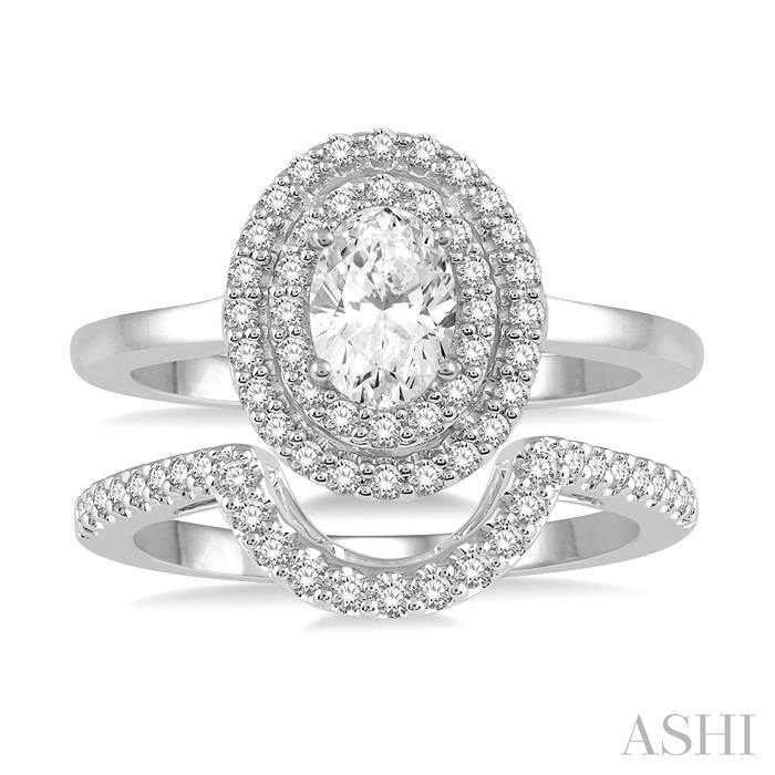 5/8 Ctw Round Cut Diamond Wedding Set With 1/2 Ct Twin Halo 1/4 Ct Oval Cut Engagement Ring & 1/10 Ct Wedding Band in 14K White Gold