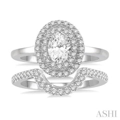 5/8 Ctw Round Cut Diamond Wedding Set With 1/2 Ct Twin Halo 1/4 Ct Oval Cut Engagement Ring & 1/10 Ct Wedding Band in 14K White Gold