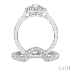 5/8 Ctw Round Cut Diamond Wedding Set With 1/2 Ct Twin Halo 1/4 Ct Oval Cut Engagement Ring & 1/10 Ct Wedding Band in 14K White Gold