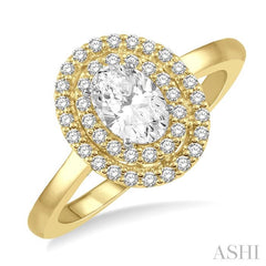 1/2 Ctw Twin Halo Round Cut Diamond Engagement Ring With 1/4 Ct Oval Cut Center Stone in 14K Yellow and White Gold