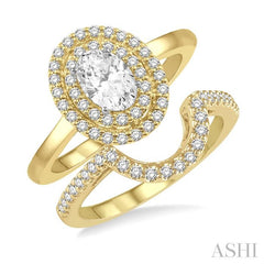 5/8 Ctw Round Cut Diamond Wedding Set With 1/2 Ct Twin Halo 1/4 Ct Oval Cut Engagement Ring & 1/10 Ct Wedding Band in 14K Yellow and White Gold