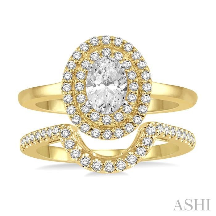 5/8 Ctw Round Cut Diamond Wedding Set With 1/2 Ct Twin Halo 1/4 Ct Oval Cut Engagement Ring & 1/10 Ct Wedding Band in 14K Yellow and White Gold