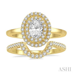 5/8 Ctw Round Cut Diamond Wedding Set With 1/2 Ct Twin Halo 1/4 Ct Oval Cut Engagement Ring & 1/10 Ct Wedding Band in 14K Yellow and White Gold
