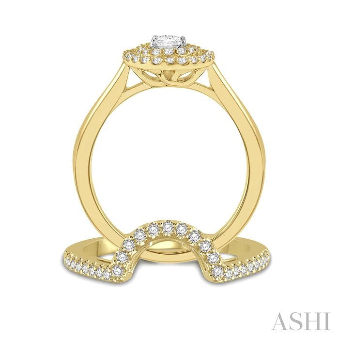 5/8 Ctw Round Cut Diamond Wedding Set With 1/2 Ct Twin Halo 1/4 Ct Oval Cut Engagement Ring & 1/10 Ct Wedding Band in 14K Yellow and White Gold