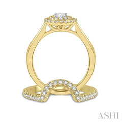 5/8 Ctw Round Cut Diamond Wedding Set With 1/2 Ct Twin Halo 1/4 Ct Oval Cut Engagement Ring & 1/10 Ct Wedding Band in 14K Yellow and White Gold