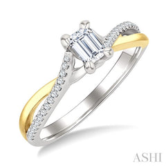 1/2 Ctw Split Crisscross Shank Diamond Engagement Ring With 1/3 Ct Emerald Cut Diamond Center Stone in 14K White and Yellow Gold