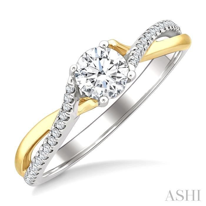 1/2 Ctw Split Crossover Shank Diamond Engagement Ring With 1/3 Ct Round Cut Center Stone in 14K White and Yellow Gold