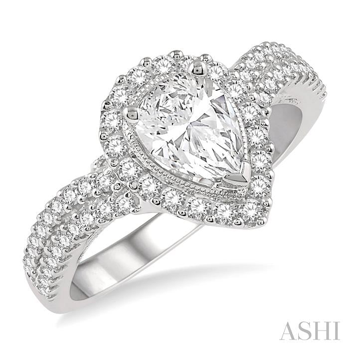1 1/6 Ctw Pear and Round Cut Curved Shank Diamond Ladies Engagement Ring with 3/4 Ct Pear Shaped Center Stone in 14K White Gold