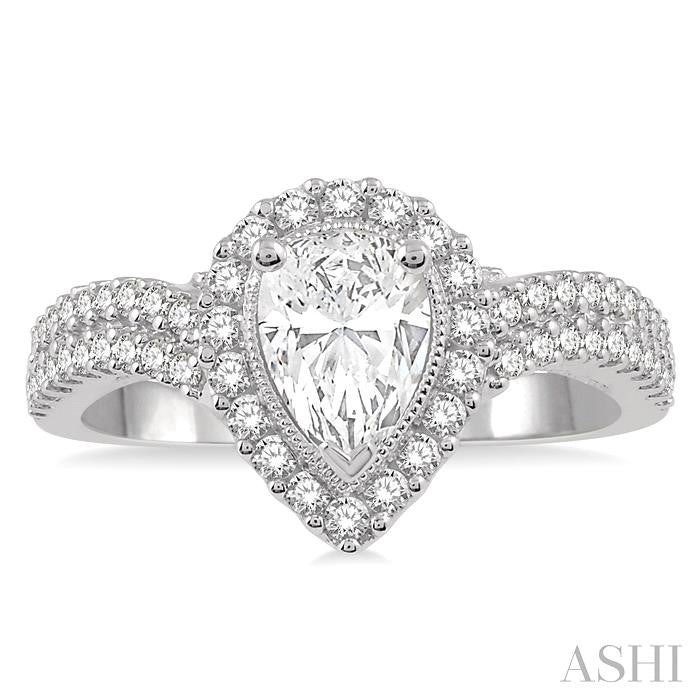 1 1/6 Ctw Pear and Round Cut Curved Shank Diamond Ladies Engagement Ring with 3/4 Ct Pear Shaped Center Stone in 14K White Gold