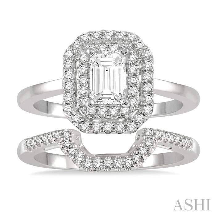 1 Ctw Round Cut Diamond Wedding Set With 3/4 Ct Emerald Cut Engagement Ring and 1/5 Ct Trough Shape Center Wedding Band in 14K White Gold