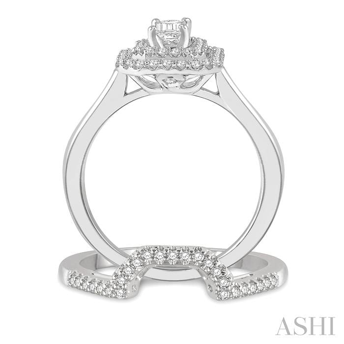 1 Ctw Round Cut Diamond Wedding Set With 3/4 Ct Emerald Cut Engagement Ring and 1/5 Ct Trough Shape Center Wedding Band in 14K White Gold