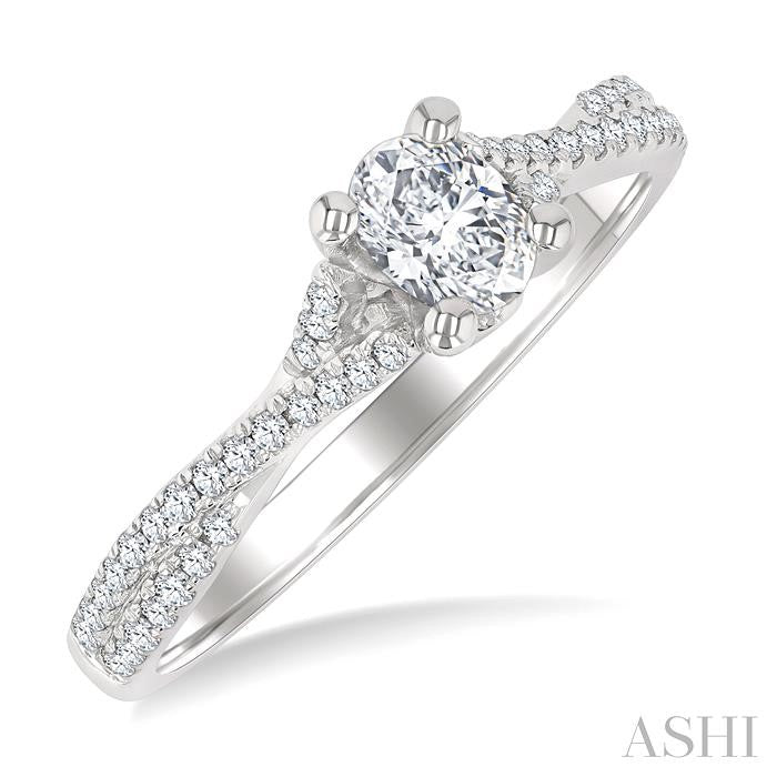 1/2 ctw Split Criss Cross Round & Oval Cut Diamond Engagement Ring With 1/3 ctw Oval Cut Center Stone in 14K White Gold